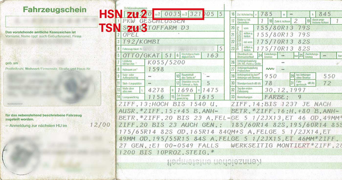 HSN/TSN auf altem Fahrzeugschein